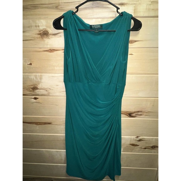 Lauren Ralph Lauren Dresses & Skirts - Lauren Ralph Lauren Womens Faux Wrap Kelly Green Dress Stretchy Ruched, Size 8